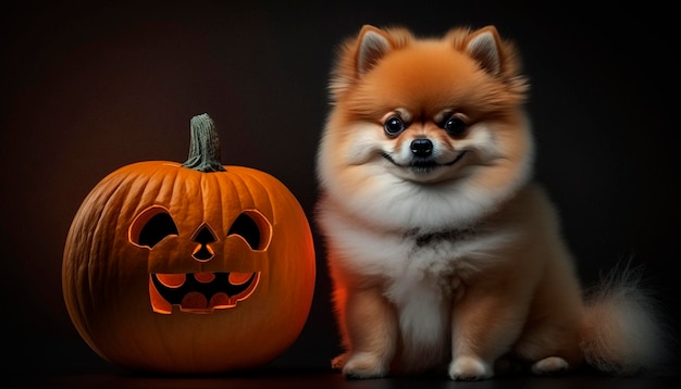 Adorable Pomeranian dog posing with a Halloween pumpkin