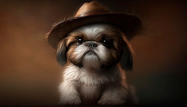Очаровательный портрет щенка ши-тцу в шляпе Генеративный ИИ