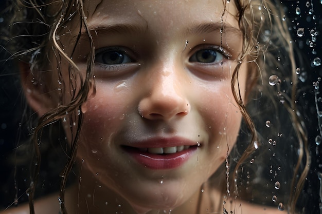 Adorable portrait of young girl with wet hair and bright blue eyes