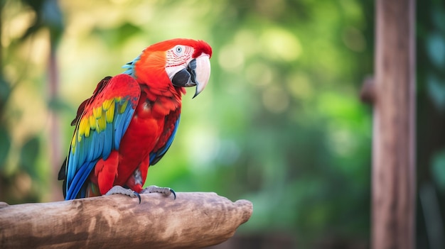 Adorable pose of colorful scarlet Macaw on the blurry green forest background