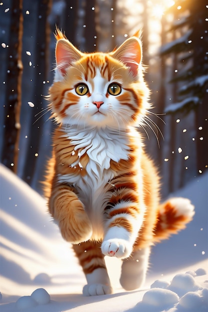 愛らしくて貴重な幸せな子猫 子猫が雪を振り払っています あちこちに雪が飛んでいます
