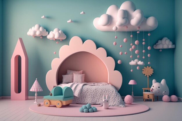 Adorable PrincessThemed Kids' Bedroom with Toy Cloud Decoration Generative AI