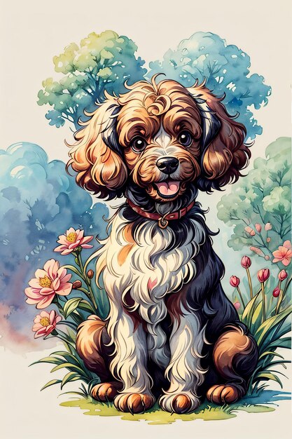 Adorable Puddle Dog in Watercolor Style Illustration