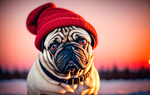 Adorable pug dog in red hat on winter sunset background