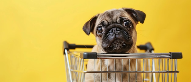 An adorable pug looking curiously out of a shopping cart set against a bright yellow background