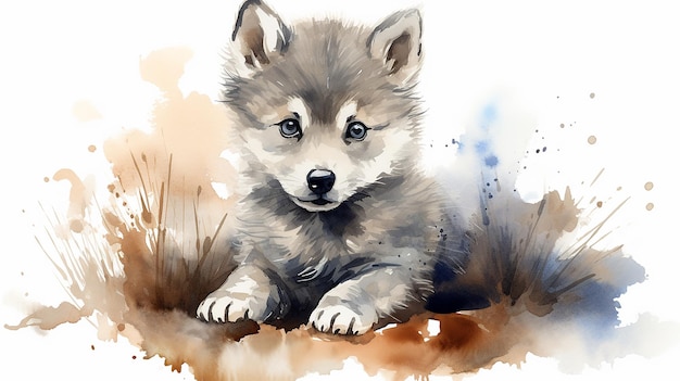 Adorable Pup Watercolor Illustration of Cute Baby Wolf AI Generated