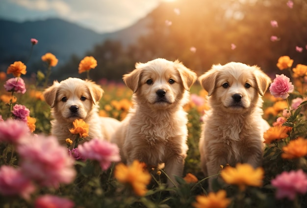 Adorable puppies in flower field background animal banner with copy space text