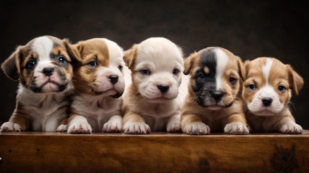 Фото Прекрасные щенки сидят бок о бок на столе, каждый с разным цветом шерсти и узором.