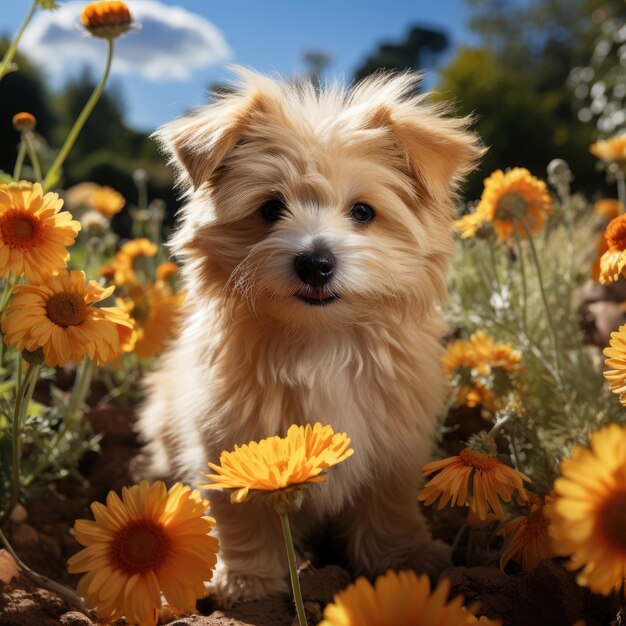 Adorable Puppy Amongst Colorful Flowers