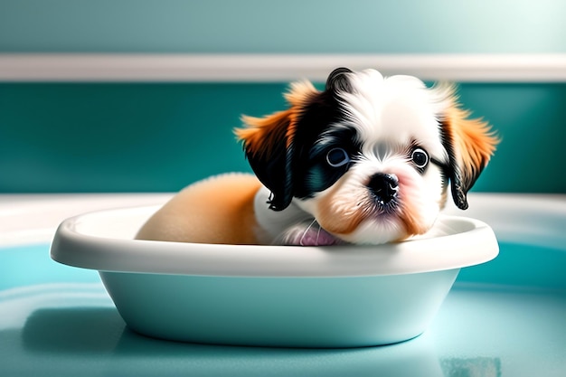 Adorable puppy in a bath Sudsy dog in a tub Cute Maltese Shitzu
