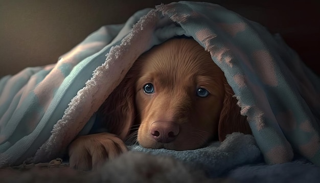 Adorable Puppy Cuddled in Human Bed AI generative