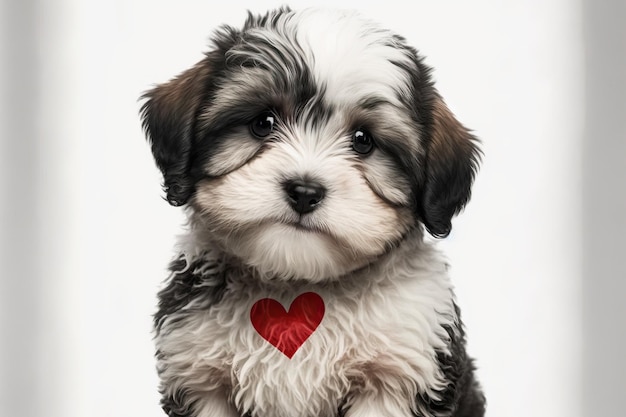 An adorable puppy havanese dog wearing a red heart on a white background