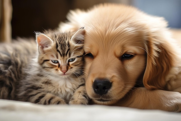 사랑스러운 포옹 속에 함께 누워 있는 사랑스러운 강아지와 새끼 고양이 By Ai