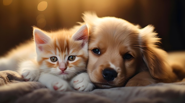 Foto adorabile cucciolo e gattino sdraiati insiemeai generativa