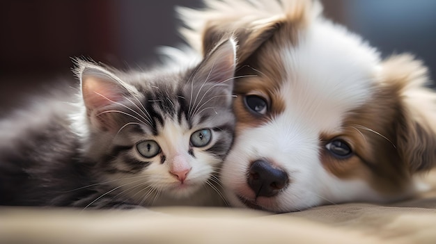 Adorable puppy and kitten lying togetherAI generative