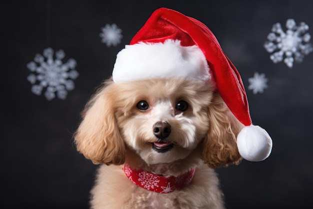 サンタ帽子をかぶった愛らしい子犬がクリスマス気分を盛り上げる 生成 AI