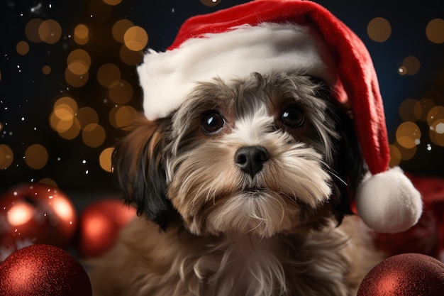 Adorable Puppy in a Santa Hat Getting into the Christmas Spirit Generative AI