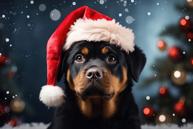 サンタ帽子をかぶった愛らしい子犬がクリスマス気分を盛り上げる 生成 AI