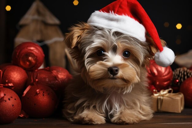 Adorable Puppy in a Santa Hat Getting into the Christmas Spirit Generative AI