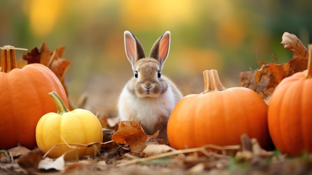 Adorable Rabbit in an Autumn Harvest Pumpkin Patch AI Generated