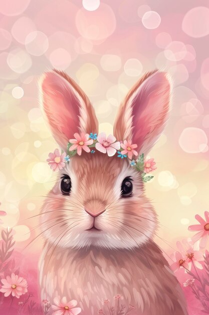 Adorable Rabbit Wearing a Meadow Flower Crown on Bokeh Background A Delightful and Whimsical Scene F