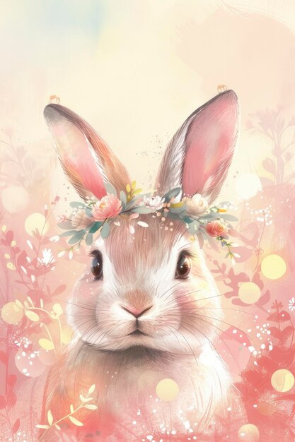 Adorable Rabbit Wearing a Meadow Flower Crown on Bokeh Background A Delightful and Whimsical Scene