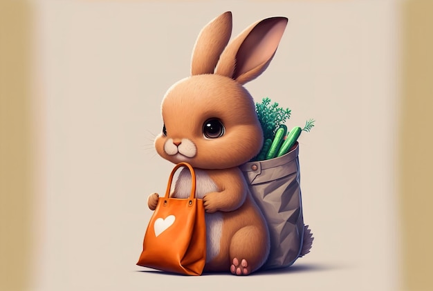 Adorable rabbit with a bag of carrots Animal and nature icons in cartoon style isolated