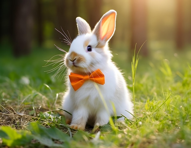 Adorable rabbit with orange color ribbon in forest AI generated image