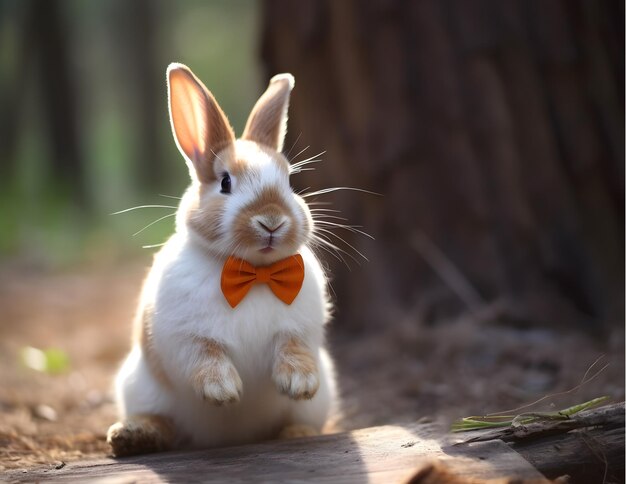 Adorable rabbit with orange color ribbon in forest AI generated image