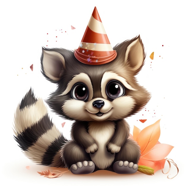 Photo adorable raccoon wearing birthday hat clipart on white background ai generated