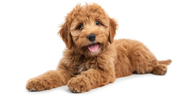 Photo adorable red abricot labradoodle dog puppy laying down side ways looking towards camera with shiny dark eyes isolated on white background mouth open showing pink tongue