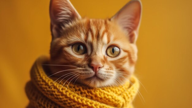 Adorable Red Kitten Portrait Wrapped in a Knitted Scarf Posing on a Yellow Blanket