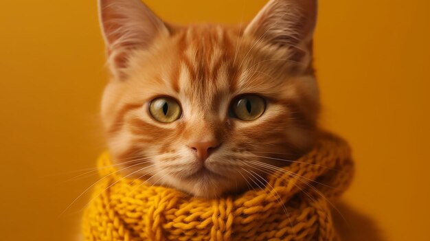 Adorable Red Kitten Portrait Wrapped in a Knitted Scarf Posing on a Yellow Blanket