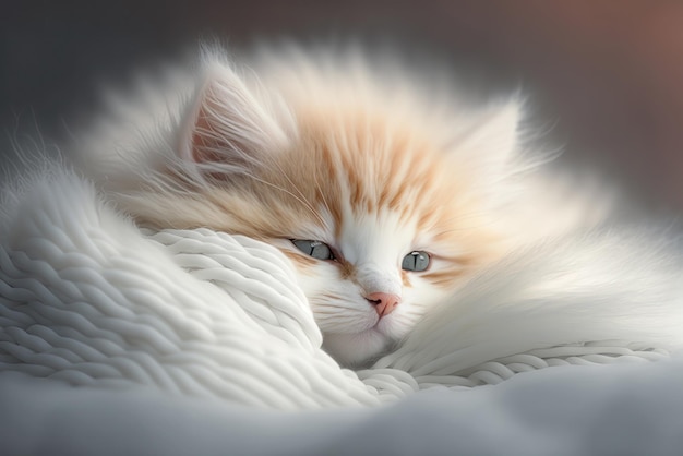 Adorable red kitten sleeping wrapped in a white cashmere blanket