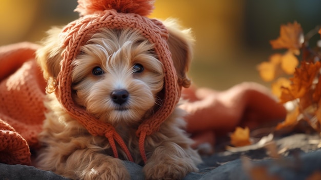 Adorable red puppy in orange hat lying against the background of autumn nature