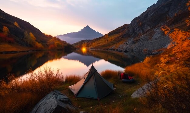 Adorable relaxing atmosphere of a beautiful autumn nature in the mountains Tourist tent locating nearby the peaceful pond Generative AI