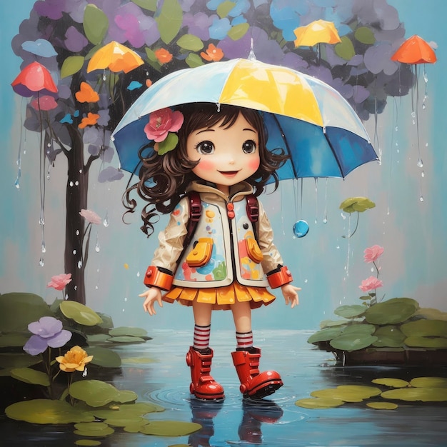 Adorable robot in galoshes delighting in a rainy day puddle