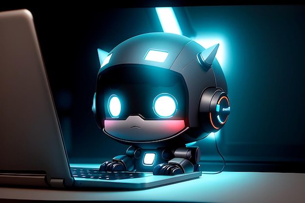 Adorable robot working on a laptop