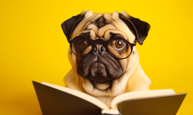 Adorable sad pug wearing eyeglasses reading a book Cute dog isolated on yellow backdrop Close up Generative AI