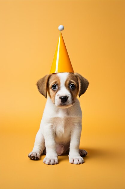 Adorable sad Puppy Dog Wearing Party Hat Celebrating Festive Birthday with Copy Space