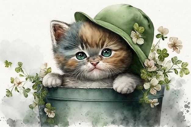 Adorable Saint Patrick's Day Kitten with Clover Hat and Flowers Watercolor Painting