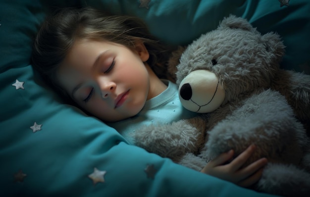 An adorable scene of a girl sleeping in bed with her cute teddy bear companion world sleep day storytelling relaxing bedtime narratives sleep aid atmosphere