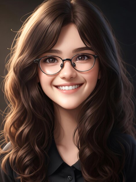 Adorable School Girl with Wavy Brown Hair and Round Glasses Generative Ai