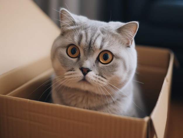 The Adorable Scottish Fold in a Cardboard Box