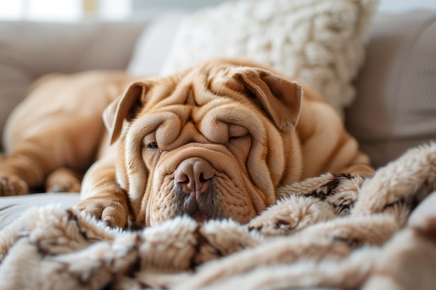 Adorable Shar Pei Dog Relaxing on Cozy Blanket indoors CloseUp of Wrinkled Pet Enjoying Warmth