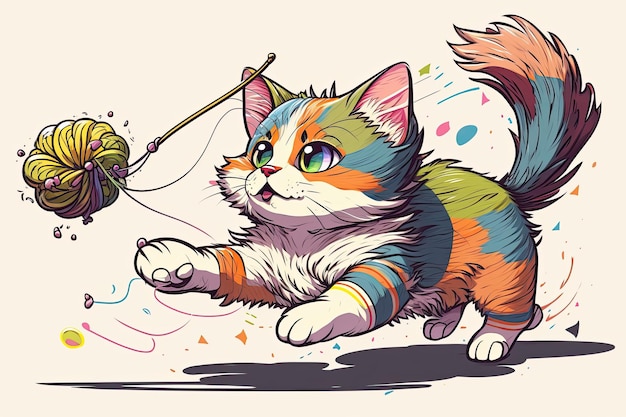 Adorable short haired cat batting around a feather toy