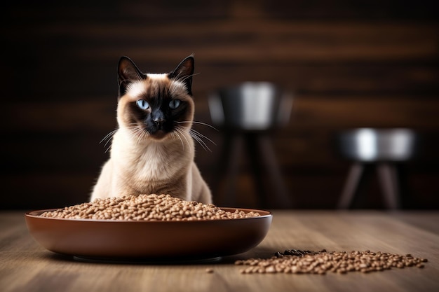 Adorable siamese cat enjoying delicious cat food from bowl provided by loving owner