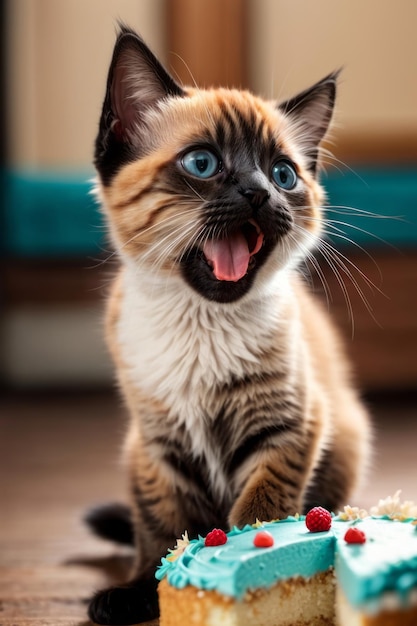 Adorable Siamese Kitten's Cake Adventure A Look of Surprise