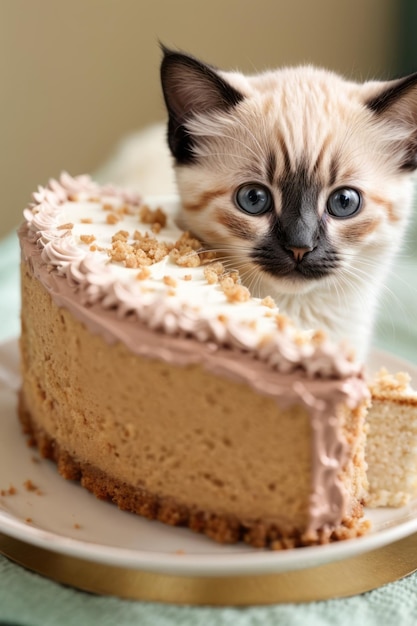 Foto l'avventura della torta dell'adorabile gattino siamese un aspetto di sorpresa