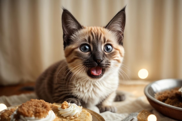 Adorable Siamese Kitten's Cake Adventure A Look of Surprise